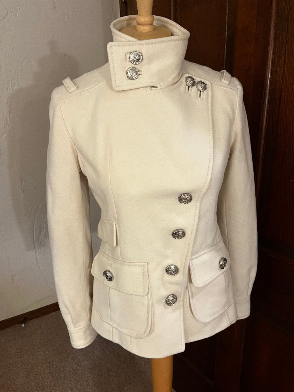 Laundry by Shelli Segal Ivory Wool Military Inspired Coat Size 2